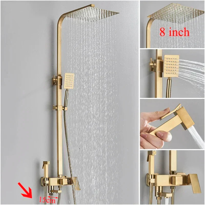 DecorBites™ Brushed Gold Shower Faucet Set: Adjustable Height 4-Function Mixer Bathtub Tap