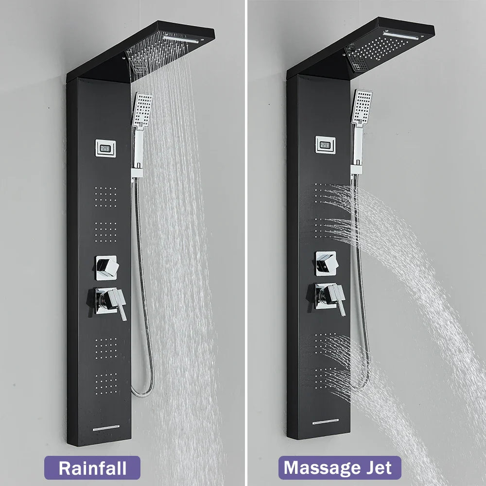 DecorBites™ Black Massage Jet Rainfall Shower Panel with Temperature Display 5 Modes