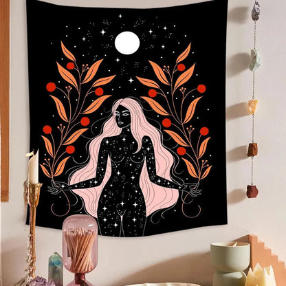 Moon Phase Rainbow Girl Tapestry for Decobites Home Decor