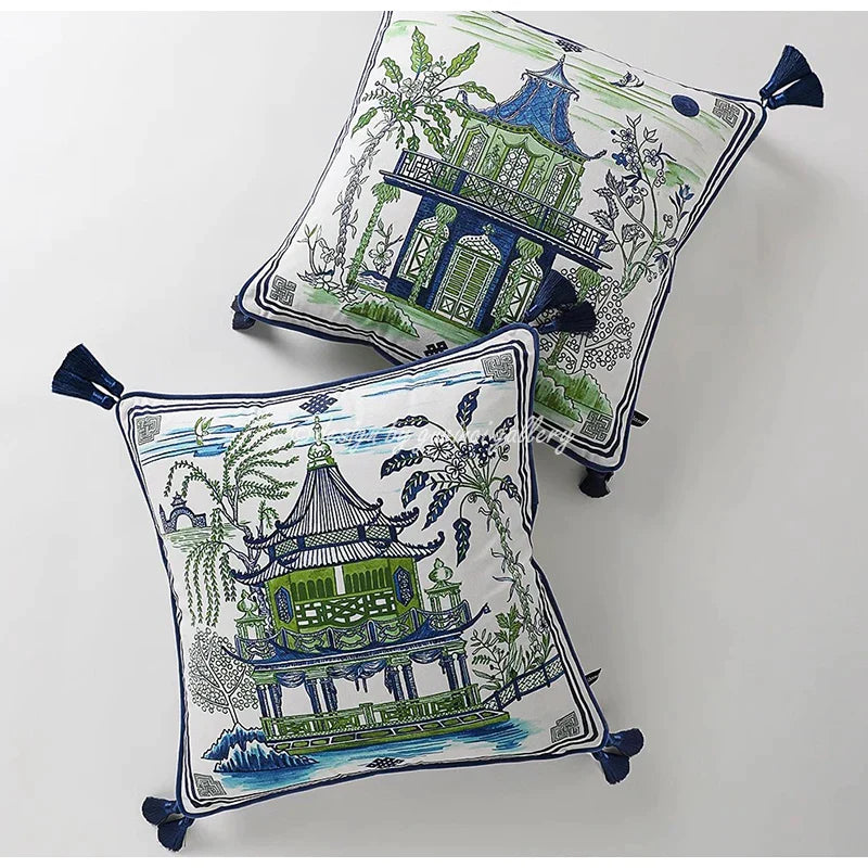 DecorBites™ Chinese City Landscape Velvet Lumbar Pillow Cover with Tassels, 30x50cm