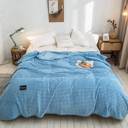 DecorBites™ Gray Plaid Coral Fleece Bed Blanket - Single/Queen/King Size Cozy Flannel Bedspread