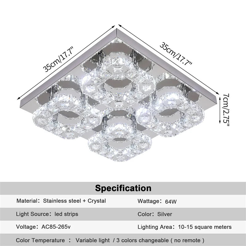 DecorBites™ Crystal LED Ceiling Light: Modern Square K9 Chandeliers, Dimmable Stainless Steel Fixture.