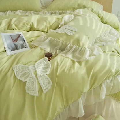 Decobites Korean Lace Ruffles Queen Size Duvet Cover with Bow Detail - Romantic French Design