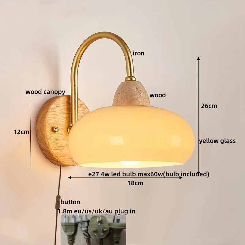 DecorBites™ LED Glass Iron Wood Wall Light Fixture Modern Nordic Bedside Lamp