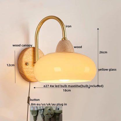 DecorBites™ LED Glass Iron Wood Wall Light Fixture Modern Nordic Bedside Lamp