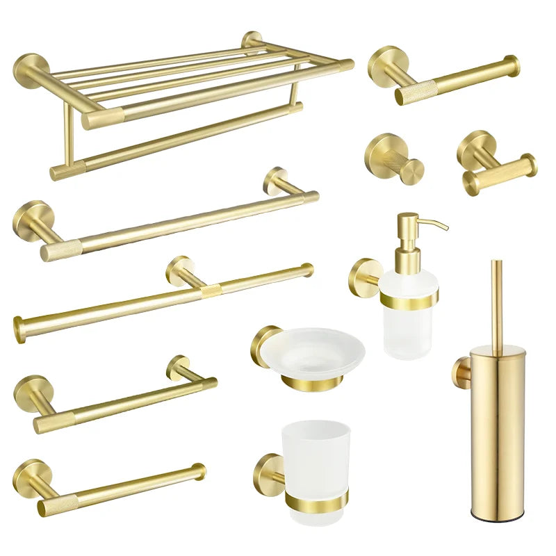 DecorBites™ Brushed Gold Bathroom Set: Towel Bar, Toilet Paper Holder, Hook - Wall Mount Kit