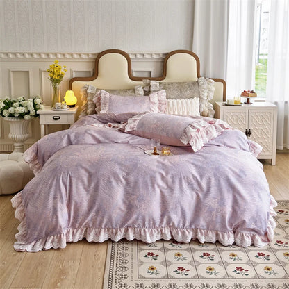 Decobites Purple Vintage Lace Ruffles Bedding Set with Egyptian Cotton Duvet Cover