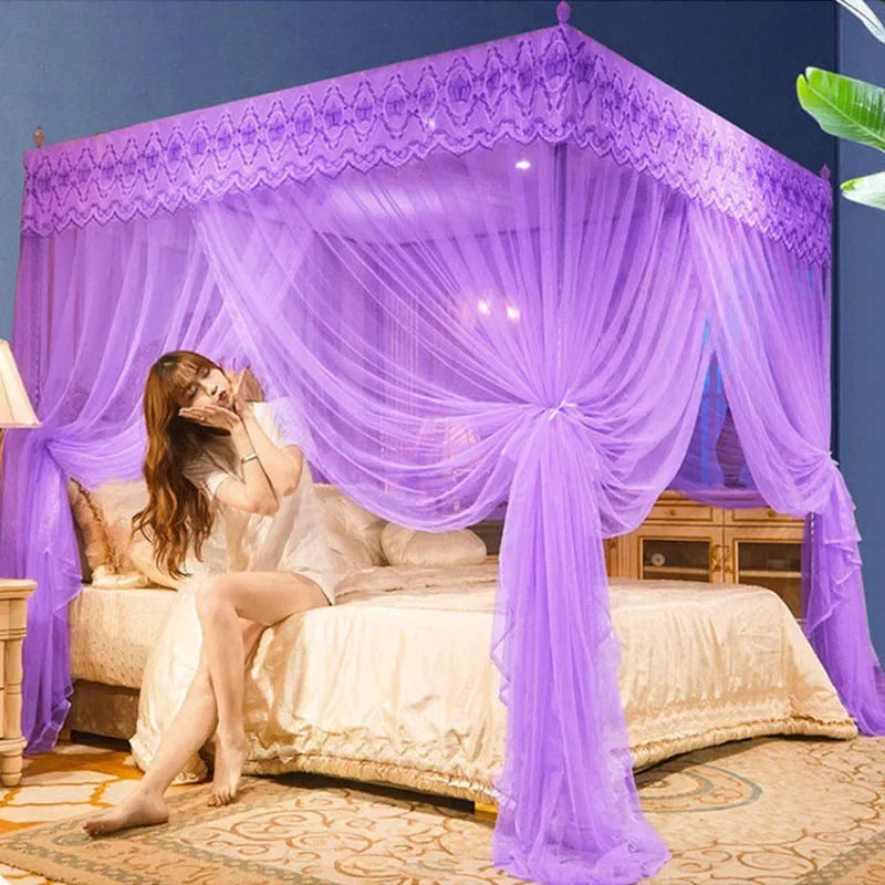 Decobites Mosquito Net Canopy for Queen Double Bed - Lace Pleated Embroidery Square