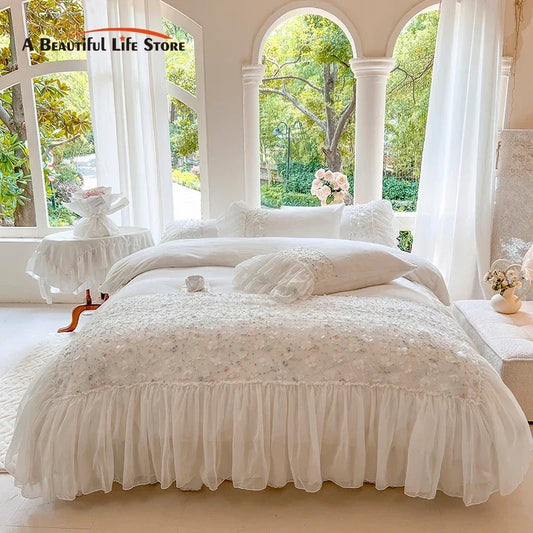 Decobites Floral Lace Ruffles Bedding Set: Duvet, Bedskirt, Bedspread, Sheet, Pillowcases