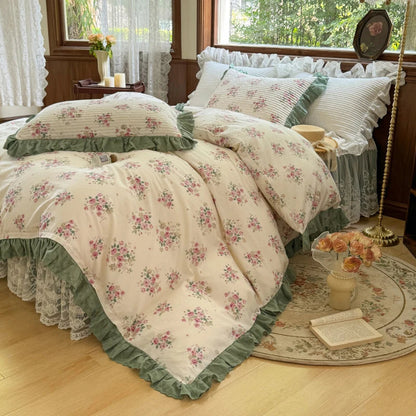 Decobites Floral Print Cotton Princess Bedding Set with Vintage Lace Details