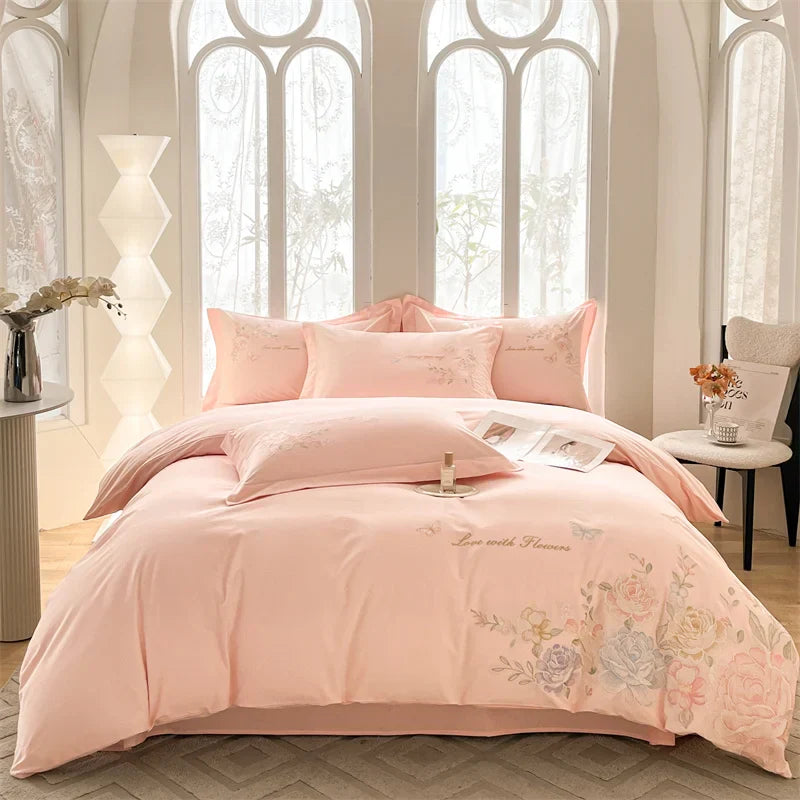 Decobites Floral Butterfly Embroidery Cotton 4Pcs Bedding Set, Beige/Pink Theme