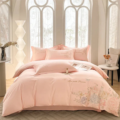 Decobites Floral Butterfly Embroidery Cotton 4Pcs Bedding Set, Beige/Pink Theme