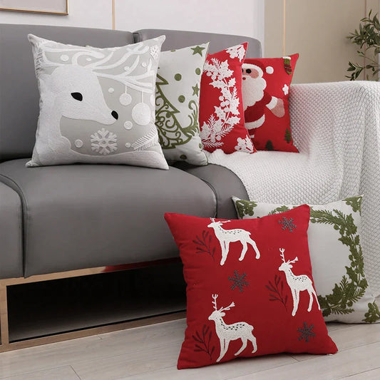 DecorBites™ Christmas Décor Cushion Cover 45x45cm Snowflake Deer Green Red Embroidery Pillow Cover