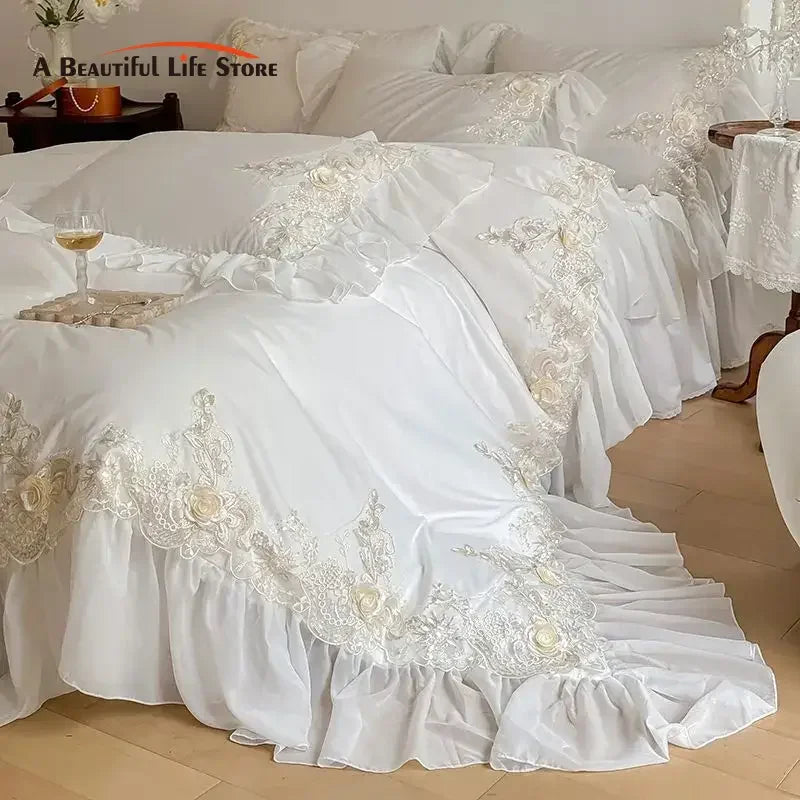 Decobites French Rose Flowers Lace Wedding Bedding Set with Ruffles