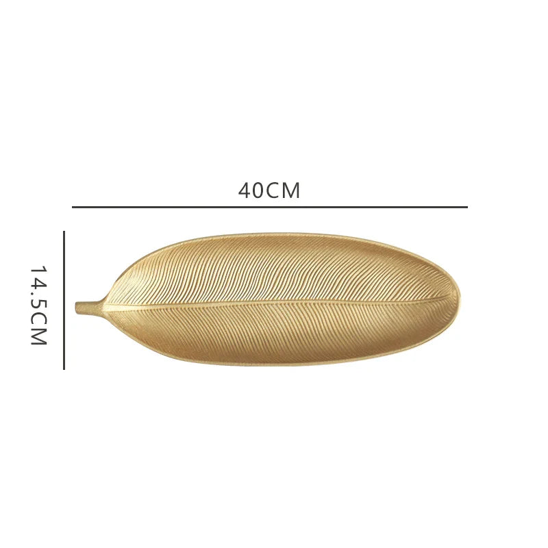 DecorBites™ Leaf Shape Gold Paint Wooden Tray 14.5x40cm - Modern Decorative Tableware