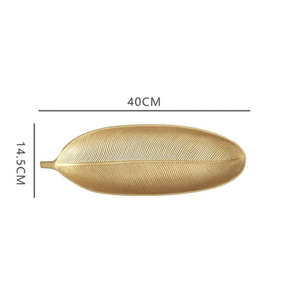 DecorBites™ Leaf Shape Gold Paint Wooden Tray 14.5x40cm - Modern Decorative Tableware