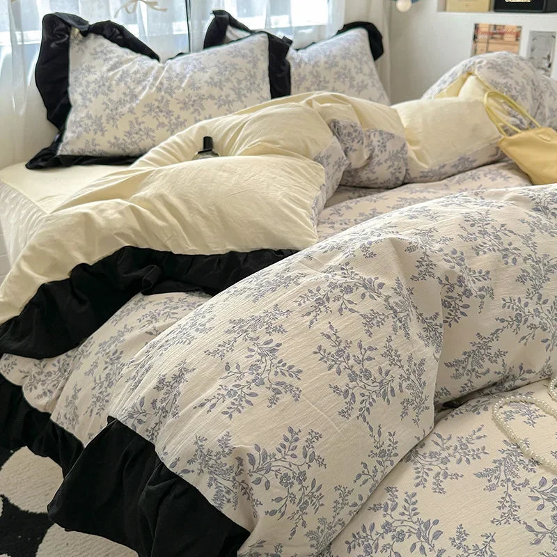 Juego de funda nórdica DecorBites™ de algodón lavado francés con estampado floral de princesa - Ropa de cama floral de primavera