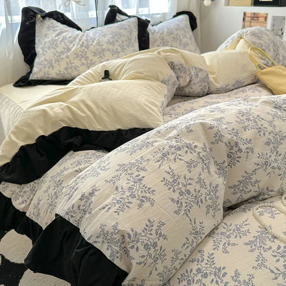 Juego de funda nórdica DecorBites™ de algodón lavado francés con estampado floral de princesa - Ropa de cama floral de primavera