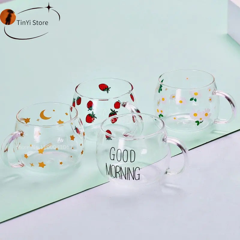 DecorBites™ Cute Letter Glass Mug, 380ml: Strawberry Tea Coffee Cup, Breakfast Milk Drinkware