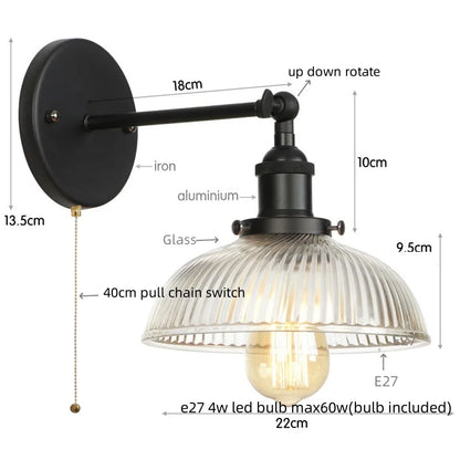 Decorbites™ Glas-Industrie-LED-Wandleuchte mit Zugschalter, Vintage-Nachttischlampe