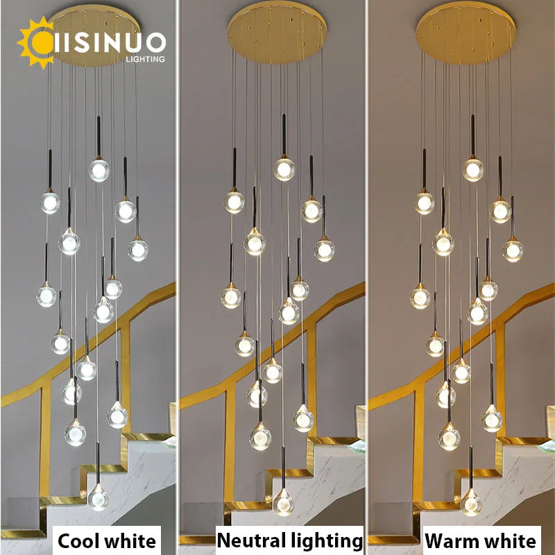 Chandelier de gotas de lluvia de cristal dorado Decorbites™ para escalera y vestíbulo