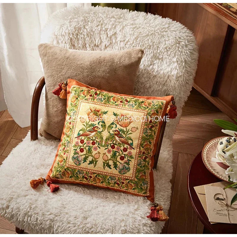 Funda de cojín reversible al estilo tapiz de gobelin Decorbites™ con borlas y decoración floral de pájaros retro
