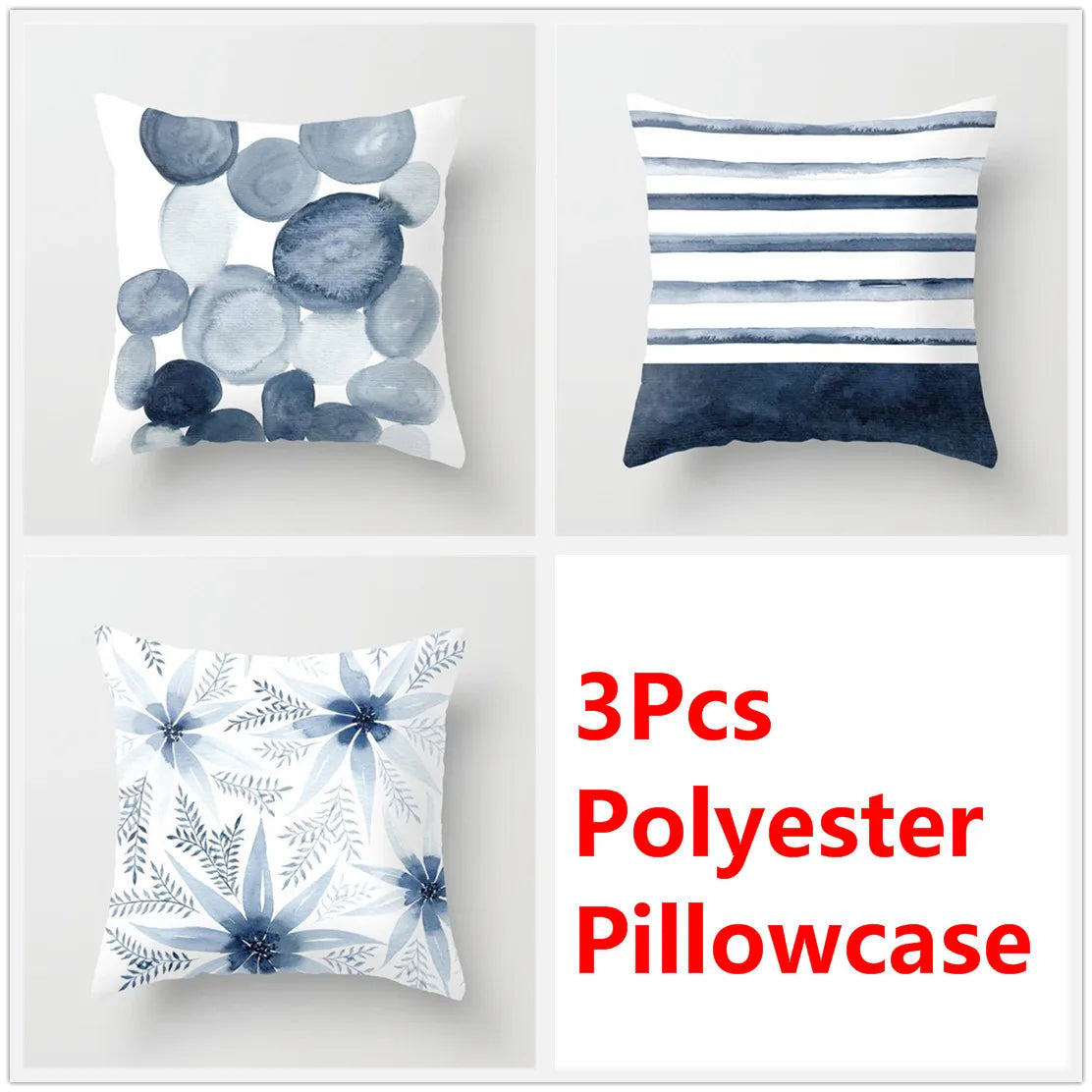 مجموعة أغطية وسائد DecorBites™‎ بنقشة زهور الحبر الأزرق - طقم ثلاثي من أغطية الوسائد للأريكة على الطراز الشمالي لتزيين المنزل