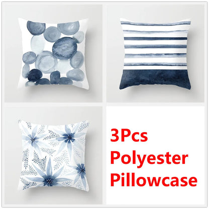 مجموعة أغطية وسائد DecorBites™‎ بنقشة زهور الحبر الأزرق - طقم ثلاثي من أغطية الوسائد للأريكة على الطراز الشمالي لتزيين المنزل