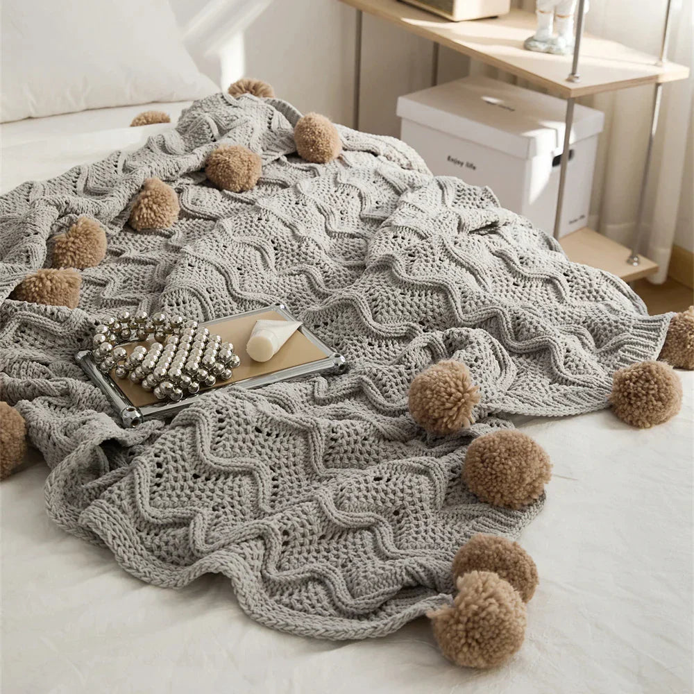DecorBites™ Elegant Chenille Pompons Throw Blanket