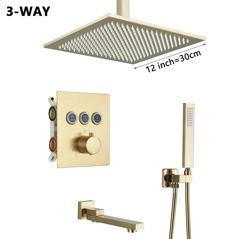 DecorBites™ Gold Thermostatic Rainfall Shower Faucet Mixer Set for Bathroom with Ceiling Wall Mount