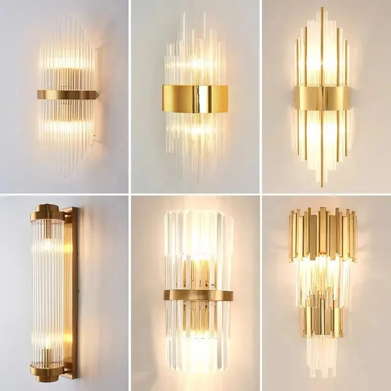DecorBites™ Gold Crystal Glass Wall Sconce Light Fixture for Luxury Bedroom Decor