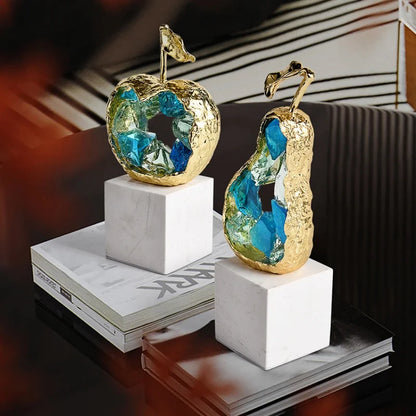 DecorBites™ Crystal Fruit Sculpture Set: Golden Apple & Pear Handicrafts for Home Decoration