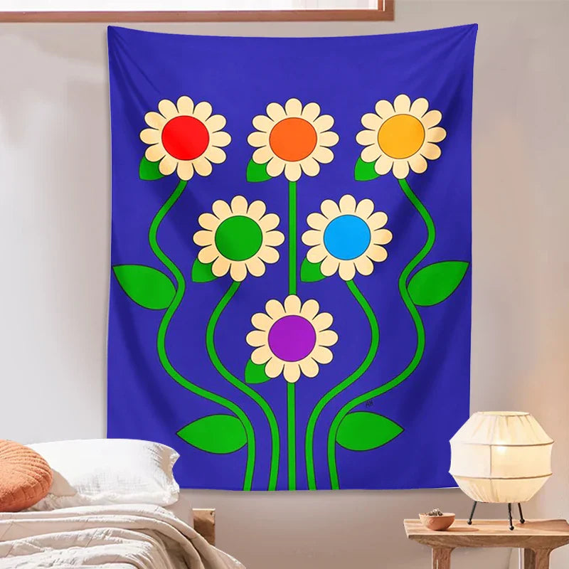 Decobites Blue Vintage Daisy Tapestry Wall Hanging Psychedelic Floral Home Decor Art