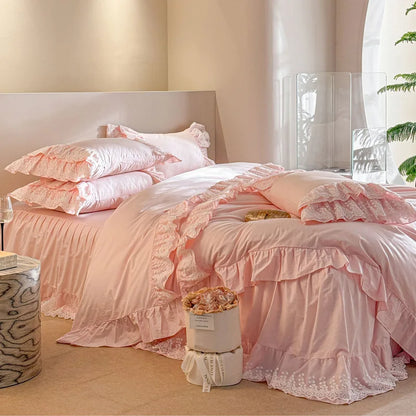 Decobites Pink Lace Ruffles Princess Style Cotton Bedding Set with Bed Skirt and Pillowcases