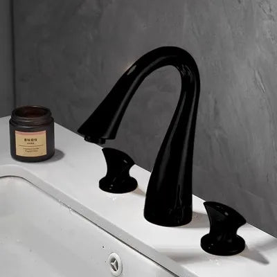 DecorBites™ Black & Gold Basin Faucet: 3 Hole Waterfall Bathroom Sink Tap, Total Brass