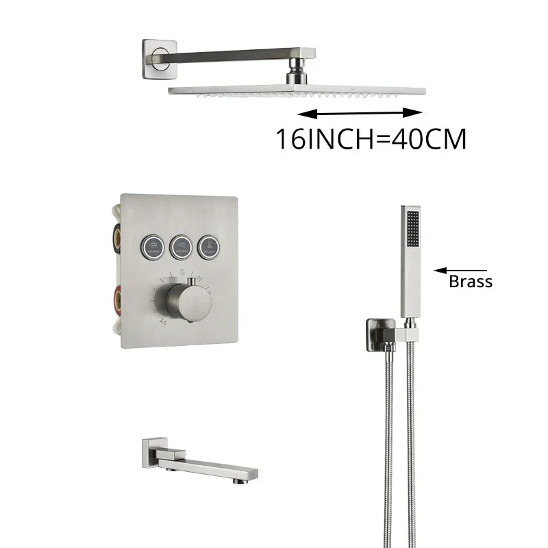 DecorBites™ Brushed Nickel Thermostatic Shower Faucet Set for Wall Mount Bathroom with Rainfall Shower Head