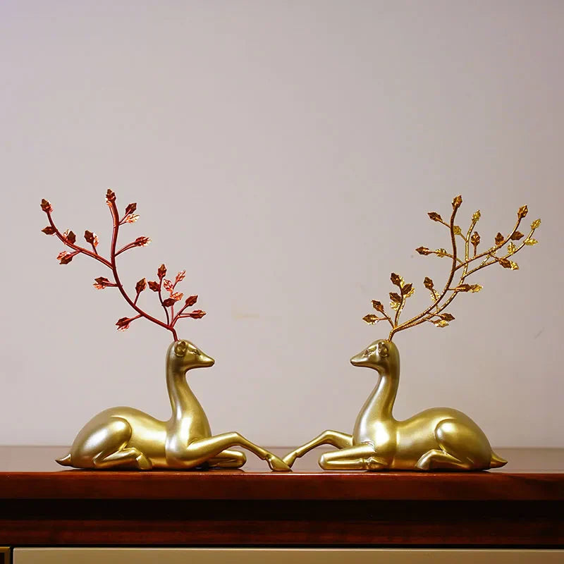 DecorBites™ Golden Deer Figurines: European Feng Shui Home Decor Sculptures