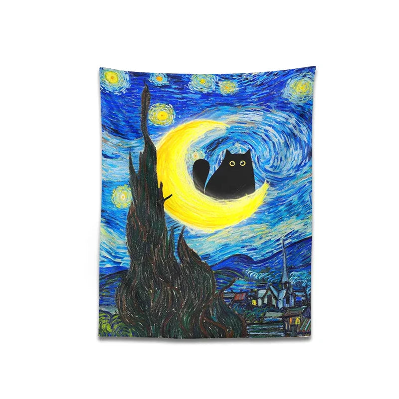 Decobites Starry Night Cat Tapestry Moon Cat Art Blanket Wall Hanging