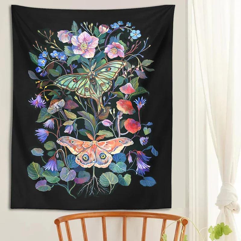 Moon Moth Tapestry Wall Hanging by Decobites - Floral Mushroom Witchcraft Wildflowers Dream Decor