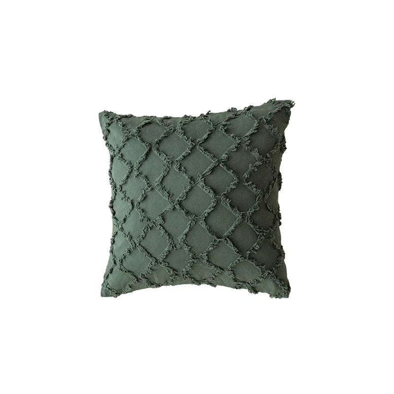 DecorBites™ Green Coffee Geometric Tuft Tassel Cushion Cover - Modern Minimalist Embroidered Pillowcase