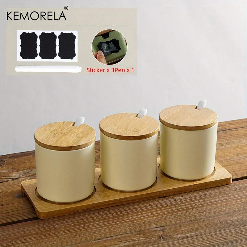 Conjunto de tarros de condimentos de cerámica retro japonesa Decorbites™ con bandeja - Organizador de cocina de 3 piezas