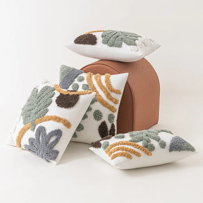 DecorBites™ Leaf Embroidered Boho Tufted Cotton Canvas Cushion Cover for Sofa Living Room