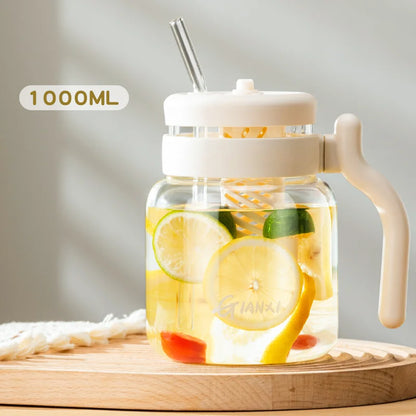 DecorBites™ 1000ML Glass Tumbler with Lid, Straw & Handle - Transparent Coffee Cup Water Bottle