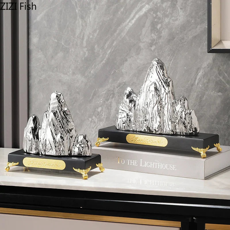 DecorBites™ Ceramic Mountain Sculpture Decor - Golden/Silver Landscape Ornament
