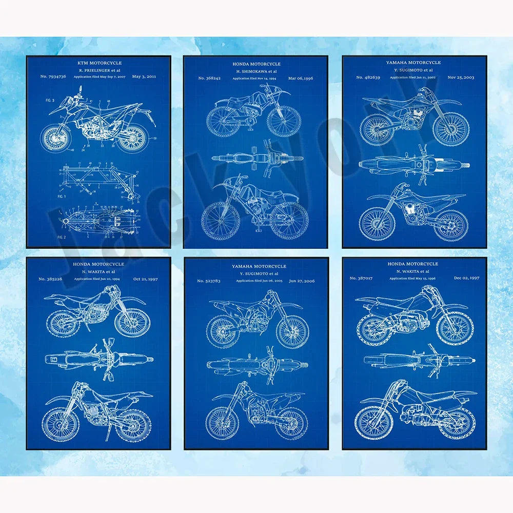 DecorBites™ Dirt Bike Patent Blueprint Poster Canvas Wall Art