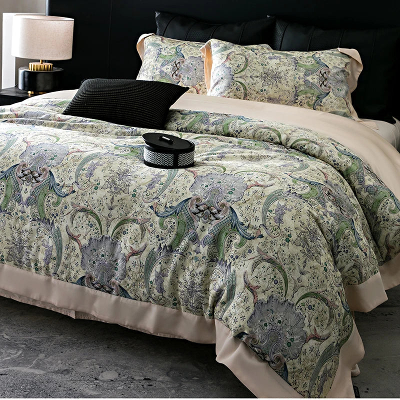 Decobites Flowers Plant Print Bedding Set: Luxe Lyocell Cotton Soft Silky Cool Duvet Cover Set