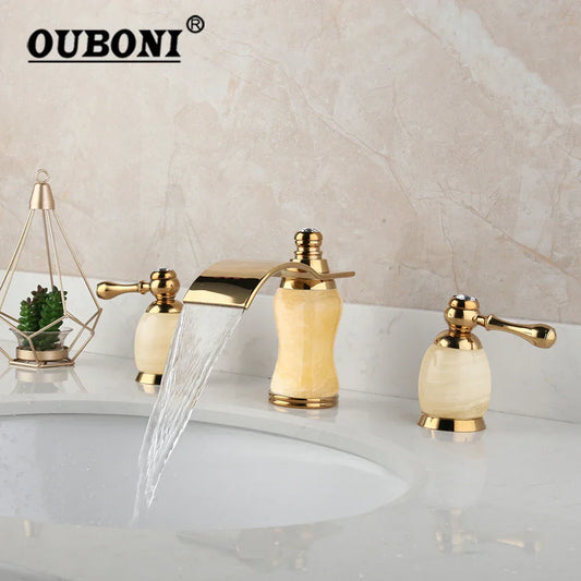 DecorBites™ Golden Plated Bathtub Faucet with Jade Stone Handles - Solid Brass Mixer