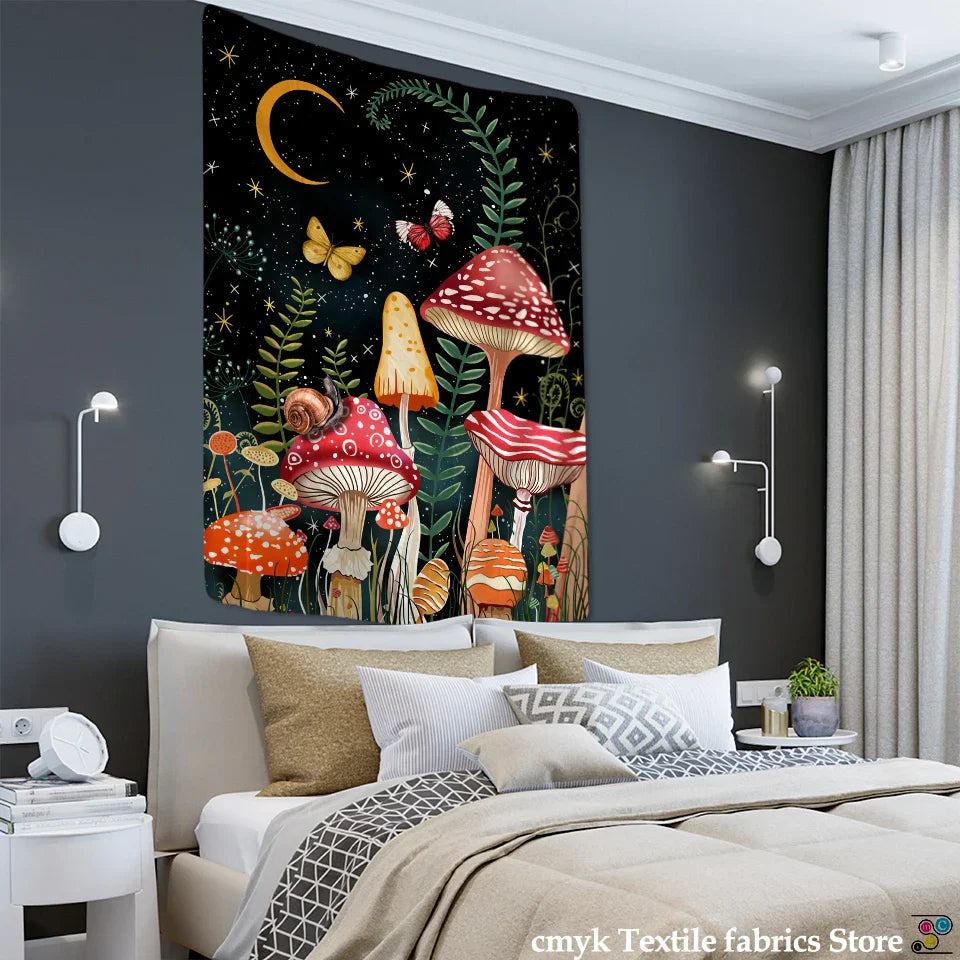 Decobites Snail Mushroom Tapestry | Starry Sky Hippie Wall Hanging for Aesthetic Room Decor