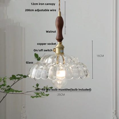 DecorBites™ LED Pendant Lamp with Adjustable Wire, Copper Socket, Walnut Wood, Green Glass