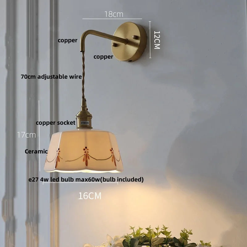 DecorBites™ Ceramic Brass LED Wall Light Fixture Pull Chain Switch Bedside Sconce